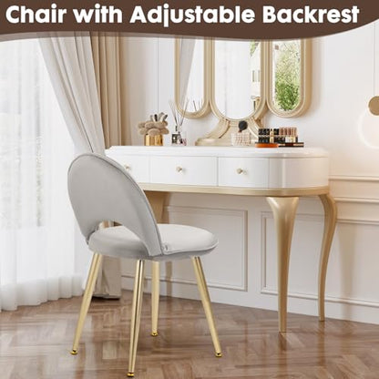 Vanity Chair with Adjustable Back, Gray Velvet Vanity Stool Chair | Upholstery Armless Makeup Stool with Gold Metal Legs for Bedroom Living Room Kitchen Dinning Room (Gold and Gray) - color: Gold and Gray