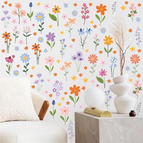 Flower Wall Decals - 8 Sheets 102 Pcs Spring Themed Wildflower Wall Stickers Peel and Stick Fairy Floral Wall Decor for Girls Bedroom Living Room Nursery Home - color: Flower