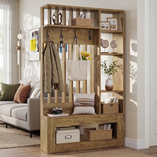 Tribesigns Wall Room Divider with Shelves and Coat Hooks, 5-in-1 Divider | Entryway Bench with Coat Rack, 4 Hooks, Freestanding Room Partition for Home & Office, Brown (39.37" W x 11.8" D x 70.87" H)