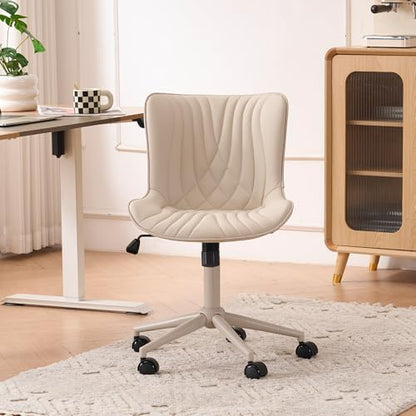 YOUTASTE All Cream Office Chair, Modern Armless Desk Chair with Back, Adjustable Swivel Rolling Faux Leather Task Chair with Wheels Metal Base for Home Office, Study, or Vanity - color: All Cream
