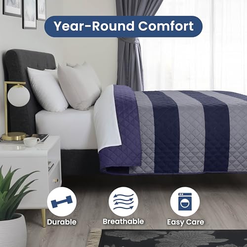 Martex Reversible Coverlet, Full Queen, Rugby Stripe/Navy | Lightweight, Durable, Soft, Easy Care, Reversible - color: Rugby Stripe/Navy, size: Full/Queen