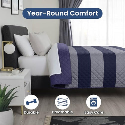 Martex Reversible Coverlet, Full Queen, Rugby Stripe/Navy | Lightweight, Durable, Soft, Easy Care, Reversible - color: Rugby Stripe/Navy, size: Full/Queen