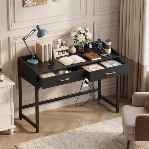 Small Desk with 2 Drawers & Charging Station, 39.4", Black | 2 AC & 2 USB Ports, Ball Bearing Drawer Slides, Compact Design for Bedrooms & Small Spaces
