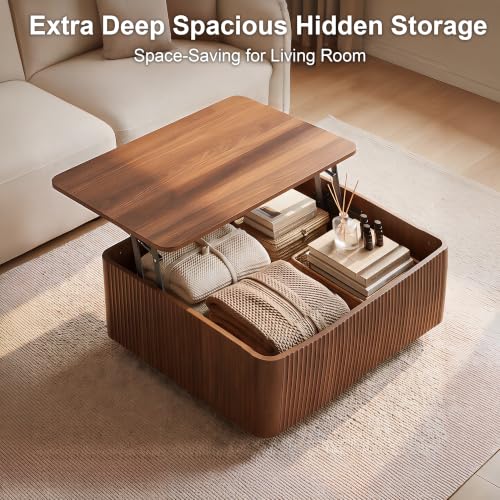 31.5"Walnut Lift Top Coffee Table with Storage for Living Room, LED Lights | Fluted Square Coffee Table,Charging Station, Large Hidden Storage,Mid Century Modern Design, Heavy-Duty Hydraulic Gas Spring