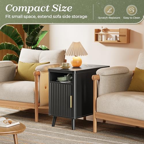 Huuger Narrow End Table with Charging Station, USB-C Port | Fluted Nightstand with Storage Cabinet, Back Rack, Farmhouse Side Table for Small Spaces, 13.4 × 23.6 Inch Night Stand, Black - color: Black