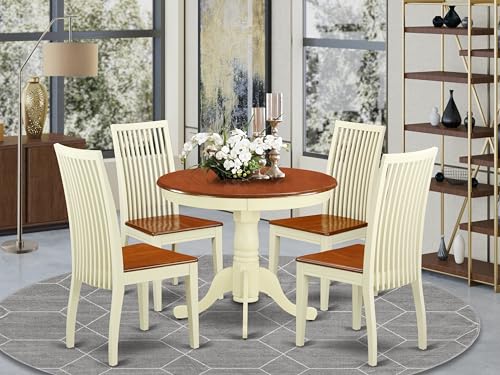 East West Furniture ANIP5-BMK-W 5 Piece Dining Table Set for 4 Includes a Round Kitchen Table with Pedestal and 4 Dining Room Chairs, 36x36 Inch, Buttermilk & Cherry - color: Anip5-bmk-w