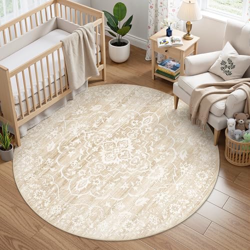 Soalmost Washable Round Rug 5ft for Living Room, Soft Circle Area Rug Beige | Vintage Floral Ultra-Thin Non-Slip Rugs, 5x5 Round Throw Carpet for Entryway Nursery Bedroom Kitchen Dining Room 5'Round - color: Beige, size: 5' (Round)