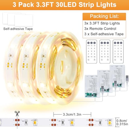 3 Pack 3.3FT Battery Powered LED Strip Lights with Remote Timer, 2700K-6000K Tunable White LED Cabinet Lights, Self-Adhesive Dimmable USB LED Strip Lights with12 Modes for Kitchen Bookshelf Cupboard - size: 3.3FT