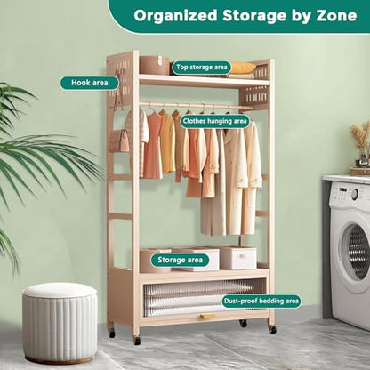Heavy Duty Clothes Rack with Frosted Storage Cabinet, 520 Lbs Load Capacity Rolling Garment Rack with 360° Lockable Wheels, 4 Hooks & Top Shelf, Modern Metal Closet Organizer for Bedroom, White