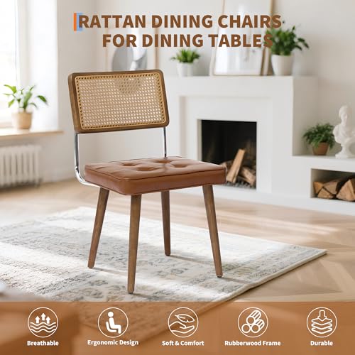 GarveeHome Natural Rattan Dining Chairs Set of 2, PU Upholstered Kitchen Chairs with Tall Cane Backrest and Strong Wood Legs for Dining Room, Kitchen, Restaurant, Brown - color: Brown, size: 2 PCS
