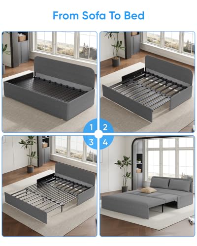 64.2" Queen Size Pull Out Sofa Bed，3-in-1 Linen Convertible Sleeper Sofa Bed,Loveseat Pullout Bed with Pillows and Tri-fold Mattress for Small Space/Bedroom,Light Grey - color: Light Grey, size: Queen