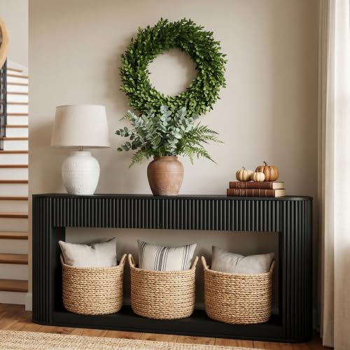 Maupvit Fluted Console Table with 2 Storage Drawers, Narrow Entryway Table, Rounded Edge Ribbed Hallway Foyer Sofa Table with Open Bottom Shelf for Living Room Corridor, Black - color: Black