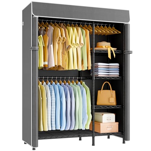 F2C Clothes Rack with Cover, Black Closet with Dark Gray Cover | Clothing Racks for Hanging Clothes, Heavy Duty Garment Rack with Shelves, 47.2"W x 16.5"D x 78.3"H, Load 630lbs - color: Black Closet with Dark Gray Cover