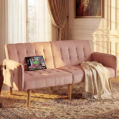 65'' Convertible Futon Sofa Bed with USB, Small Couch for Living Room | Sleeper Sofa and Loveseat, Adjustable Folding Couch with Tufted Design and 2 USB Ports, Bedroom Apartment Office, Pink - color: Pink