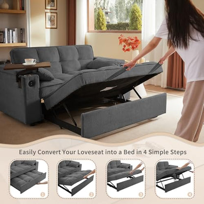 65'' 3-in-1 Folding Convertible Sofa Bed, Queen Size Pullout Sofa, Modern Chenille Fabric, 360° Swivel Side Table, Easy Assembly, Perfect for Living Room - color: Dark Grey-a