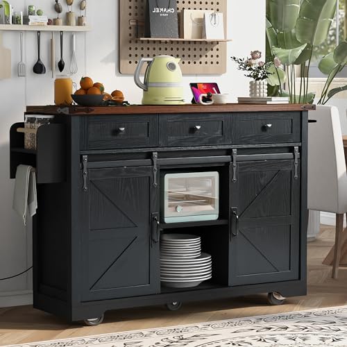53.7" Kitchen Island with Drop Leaf & Power Outlet, Rolling Kitchen Island Cart On Wheels with 2 Sliding Barn Door, Kitchen Island Table with Storage, for Kitchen, Dining Room (Black) - color: Black