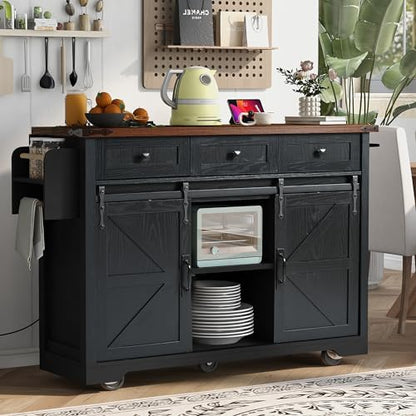 53.7" Kitchen Island with Drop Leaf & Power Outlet, Rolling Kitchen Island Cart On Wheels with 2 Sliding Barn Door, Kitchen Island Table with Storage, for Kitchen, Dining Room (Black) - color: Black