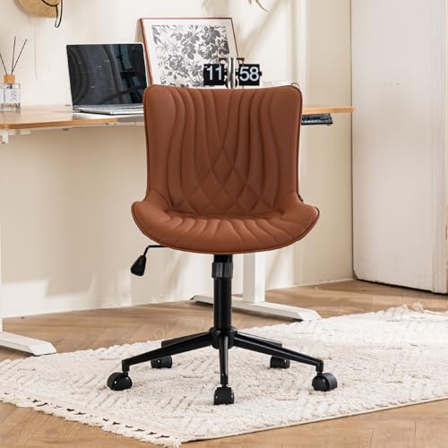 YOUTASTE Coffee Brown Office Chair Modern Armless Desk Chair with Wheels Adjustable Swivel Rocking Rolling Computer Study Chairs Faux Leather Sewing Chairs with Back Stylish Vanity Chair - color: Coffee Brown