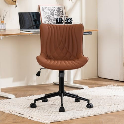 YOUTASTE Coffee Brown Office Chair Modern Armless Desk Chair with Wheels Adjustable Swivel Rocking Rolling Computer Study Chairs Faux Leather Sewing Chairs with Back Stylish Vanity Chair - color: Coffee Brown