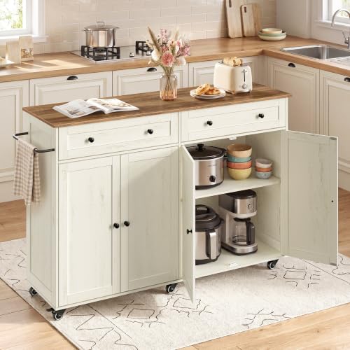 VASAGLE Mobile Kitchen Island with Storage Cabinet for Kitchen, Dining Room | Portable Mobile Cart on Wheels , 15.8 x 53.7 x 35.1 Inches, Rustic White and Honey Brown, SIREN Collection UKKI016WJ01S - color: Rustic White + Honey Brown, size: 15.8"D x 53.7"