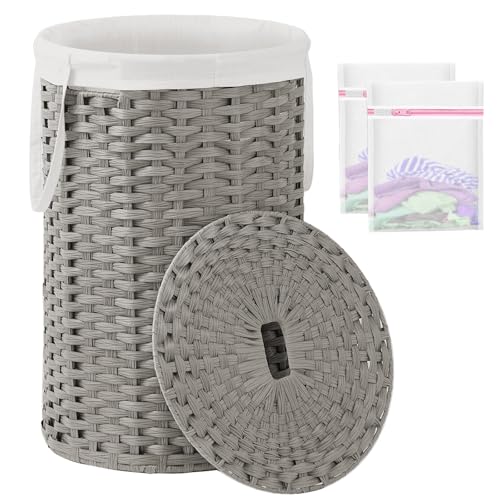 SETVSON Large Laundry Hamper Laundry Basket with Lid, Round PE Rattan, Gray | 130L Large Woven Basket with Lid, Removable Washable Liner Bag, 2 Mesh Laundry Bags, Foldable Long Side Handles - color: Gray, size: 130 L