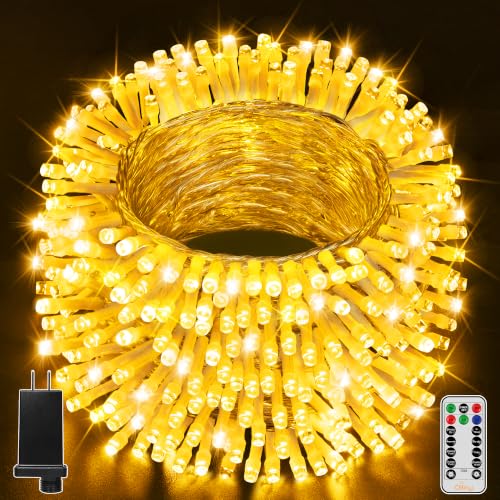 Ollny 400LED 131FT Christmas Lights Outdoor, Clear Wire Fairy Lights with Remote 3 Timer, Plug in 8 Modes String Lights for Bedroom Indoor Outside House Party Xmas Decorations, Warm White - color: Warm White, size: 400 LEDs