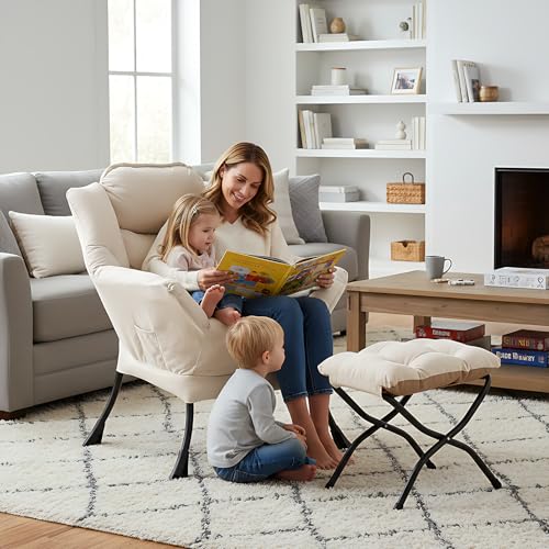Welnow Lazy Chair with Ottoman, Reading Chair with Footrest, Beige | A Side Pocket,Armrests,Foldable Footrest,Thick Cushioned Seat & Backrest, Lounge Chair for Bedroom,Living Room & Small Space - color: Beige