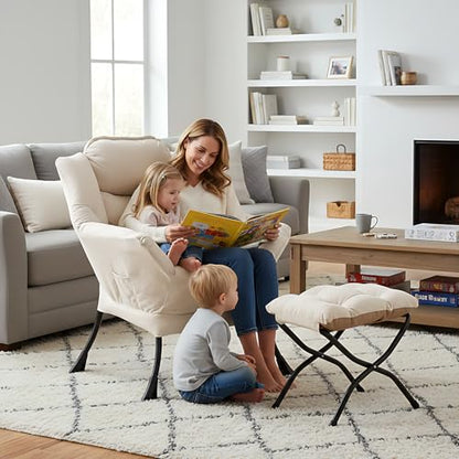 Welnow Lazy Chair with Ottoman, Reading Chair with Footrest, Beige | A Side Pocket,Armrests,Foldable Footrest,Thick Cushioned Seat & Backrest, Lounge Chair for Bedroom,Living Room & Small Space - color: Beige