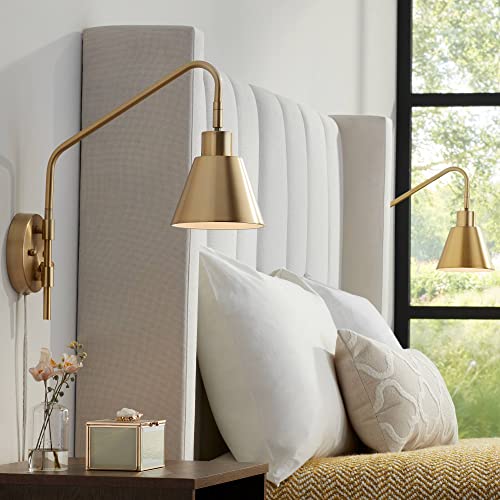 Marybel Antique Brass Plug-In Swing Arm Wall Lamps Set of 2 Light Fixture | Modern Adjustable Gold Tapered Cone Metal Shade for Bedroom Bedside House Reading Living Room Home Hallway