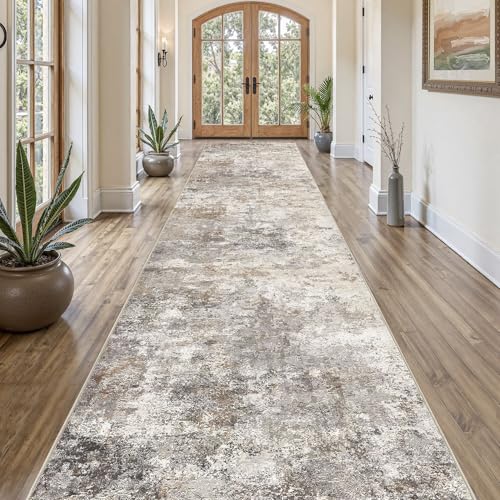 UERMEI 3x18 Washable Runner Rug for Hallway, Non Slip Low Pile Kitchen Carpet, Neutral Modern Abstract Indoor Floor Mat for Entryway Laundry, Kid & Pet Safe High Traffic Area, Brown Grey - color: Brown Grey, size: 3' x 18' (Runner)