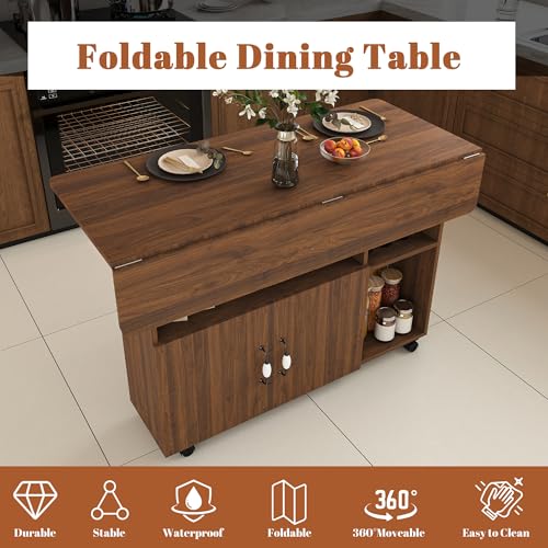 KEIKI 47 Inch Foldable Dining Table, Multi-Functional Folding Table with Storage Shelves and Wheels, Drop Leaf Extendable Dining Desk, Versatile Foldable Side Table for Kitchen, Dark Walnut - color: Drak Walnut