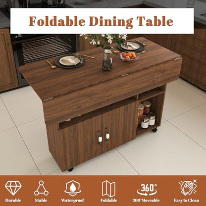 KEIKI 47 Inch Foldable Dining Table, Multi-Functional Folding Table with Storage Shelves and Wheels, Drop Leaf Extendable Dining Desk, Versatile Foldable Side Table for Kitchen, Dark Walnut - color: Drak Walnut