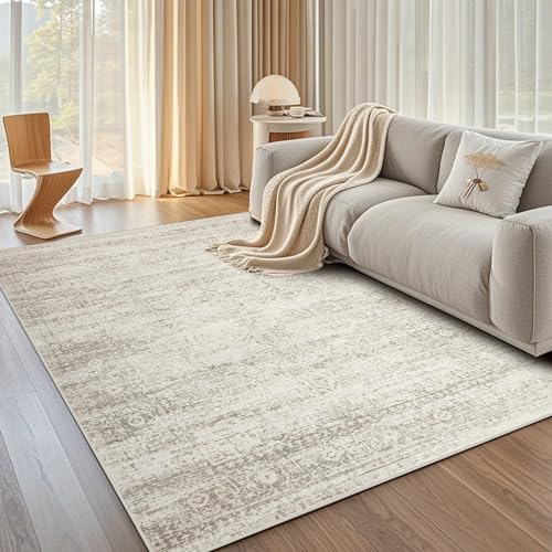 Washable Rugs 5x7 Area Rugs for Living Room,Bedroom,Dining Room Carpet | Ultra Soft Faux Wool,Kids & Pet Friendly,Machine Washable,Non-Slip & Non-Shedding,Large Vintage Low Pile Rug for Home Office - color: Beige-ivory-cream-brown-camel, size: 5' x 7' (Re