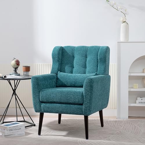 Accent Chair, Living Room Chairs with Solid Wood Legs & Pillow | Chairs Living Room with High Tufted Backrest, Reading Chair for Bedroom/Office, Chenille Fabric - color: Teal