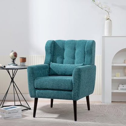Accent Chair, Living Room Chairs with Solid Wood Legs & Pillow | Chairs Living Room with High Tufted Backrest, Reading Chair for Bedroom/Office, Chenille Fabric - color: Teal