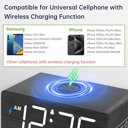 DreamSky Wooden Digital Alarm Clock with Wireless Charging for Bedroom | Bedside Nightstand Clock with Charger Station, USB Port, Large Numbers, Adjustable Volume, Brightness Dimmer, DST - color: Black