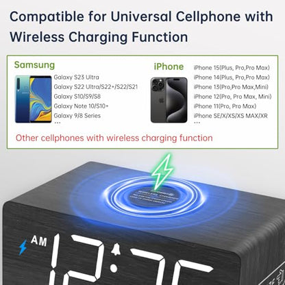DreamSky Wooden Digital Alarm Clock with Wireless Charging for Bedroom | Bedside Nightstand Clock with Charger Station, USB Port, Large Numbers, Adjustable Volume, Brightness Dimmer, DST - color: Black