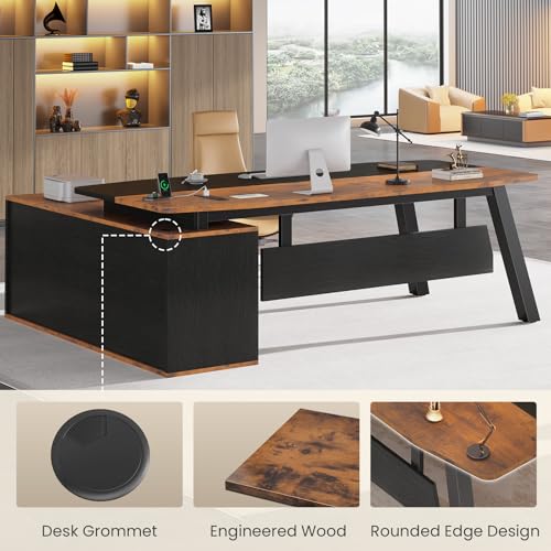 SEDETA 71" L Shaped Executive Desk with File Cabinet & Power Outlet | Computer Desk with 3 Storage Drawers, Adjustable Shelves, CPU Stand, Privacy Baffle, Modern Desk for Home Office, Brown - color: Brown