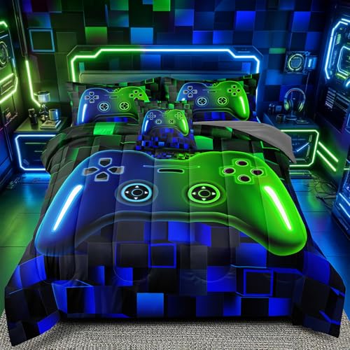 5 Pieces Gaming Bedding Set Twin Size for Boys, Blue Green 3D Video Game Controller Comforter Set for Girls Kids Teens, Cool Gamer Bedroom Decor with Sheets Pillowcase Twin55 - color: Blue Green 55, size: Twin