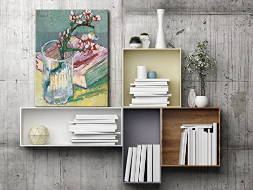 Wieco Art Canvas Prints of Blossoming Almond Branch in a Glass with a Book by Vincent Van Gogh Canvas Wall Art for Home Decor and Wall Decor Post-impressionism Pictures Artwork - size: 16"L x 12"W