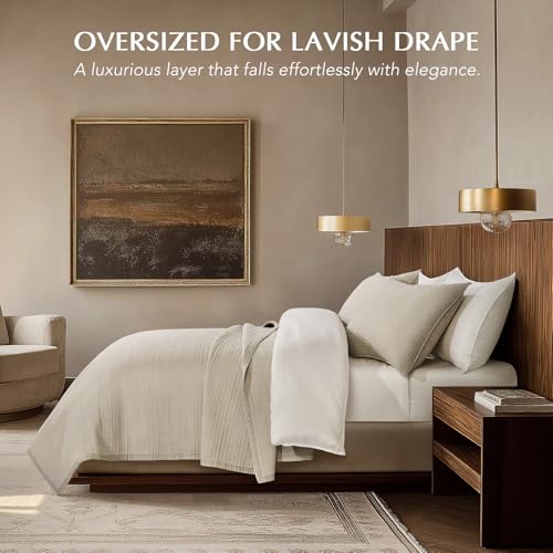 EVERGRACEHOME Cotton Sateen Channel Quilt Set, Queen Size, Parchment | 100% Cotton, Pre-Washed Soft Coverlet Bedspread, 3-Piece Refined Channel Stitch Bedding Set for All Season, 2 Pillow Shams - color: Parchment - Refined Channel, size: Full/Queen (96" X