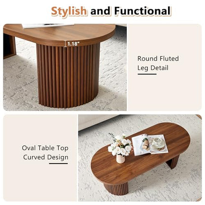 Oval Fluted Coffee Table, 47" Farmhouse Wood Coffee Table Mid Century Modern Center Table Boho Living Room Tables for Living Room Office,Walnut - color: Walnut, size: 19.69"D x47.2"W x 15.74"H