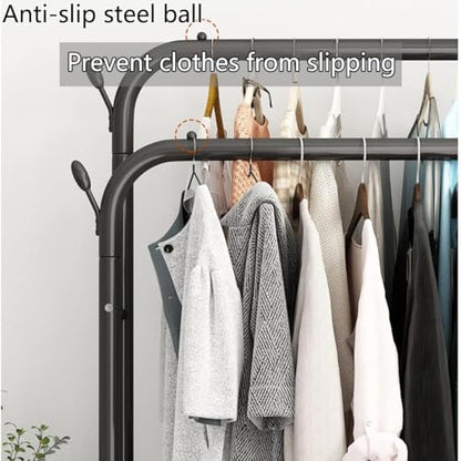 Double-Rod Garment Rack with Wheels, Clothing Rack for Hanging Clothes,4 Hooks, Multi-functional Bedroom Clothes Rack, Black