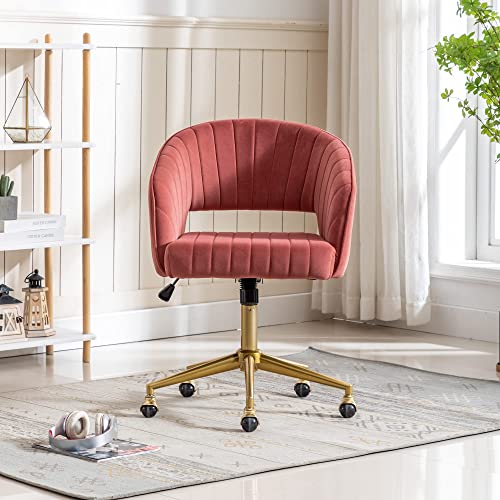 Vanity Chair Velvet Desk Chair with Gold Base for Living Room,Rose | Accent Armchair Upholstered Modern Tufted Chairs for Girls Women Ergonomic Study Seat Computer Task Stools for Bedroom - color: Rose