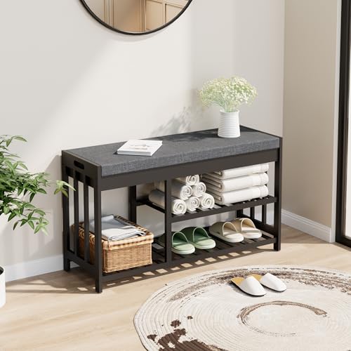 Shoe Rack Bench for Entryway, Bamboo Shoe Storage Bench with Cushion | Flip-Top Cushioned Seat with Hidden Storage | Mixed-Height Wooden Shoe Rack for Boots | Hallway, Bedroom & Front Door - color: Black