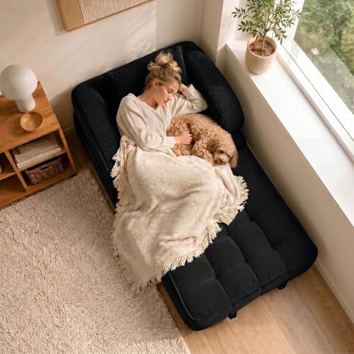 Folding Sofa Bed, Convertible Sleeper Chair with Armrests for Adults, Foldable Corduroy Boneless Bed, 3-in-1 Portable Futon Couch Floor Sofa with Pillow for Bedroom, Living Room, Black