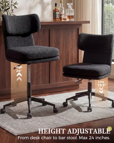 COMHOMA Vanity Chair with Ergonomic Curved Backrest, Home Office Desk Chair with Silent Wheel, Wide Seating Computer Chair for Girls Women Bedroom, Soft Teddy Fabric, Black - color: Black, Teddy Fleece