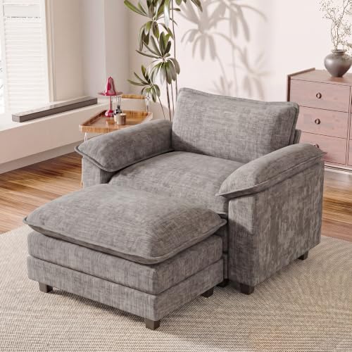 Homall Sofa Accent Chair with Ottoman, 35" Reading Chair, Light Grey | Comfy Chenille, Double Layer Cushion, Wide Armrest, Deep Seat, Sturdy Frame, High-Density Foam, Single Sofa for Living Room - color: Light Grey, size: Single Sofa Chair