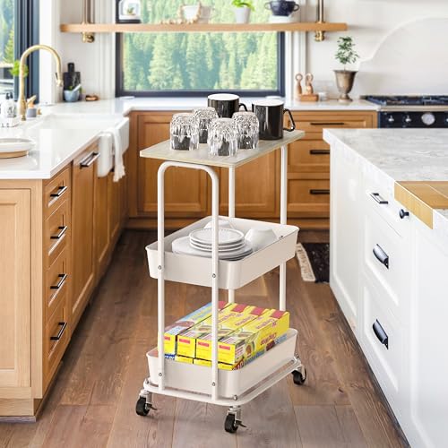 Simple Houseware 2-Tier Rolling Utility Cart Wood Top/Lockable Wheel, Maple | Metal Storage Organizer Trolley for Kitchen, Bathroom, Office, Craft Room - color: Maple