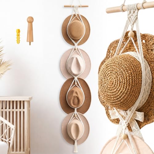 Macrame Hat Hangers Racks Boho Cowboy Hats Holders Western Display Organizer Storage decor Back of Door for Wall(White,Four Hats Style) - color: White, style: Four Hats Style
